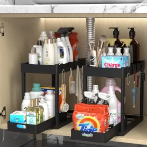 Double-tier sink-mounted storage rack, kitchen cabinet shelving unit, multi-purpose bathroom storage basket.