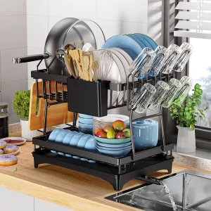 Kitchen countertop 2-tier dish drying rack, kitchen countertop dish drainer with drip tray, metal kitchen dish rack with drip tr